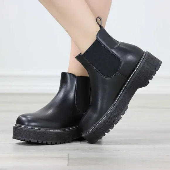 Womens Combat Boots Slip On Platform Chelsea Bootie Chunky Lugged Sole - Picture 3 of 13